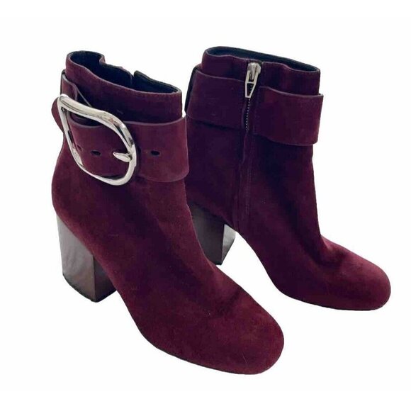 Alexander Wang Kenze Bordeaux Suede Buckle Chunky Heel Booties Women's Sz 36.5 - Picture 1 of 10